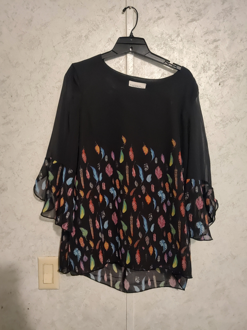 Black Sheer Blouse with Multicolor Feather Print